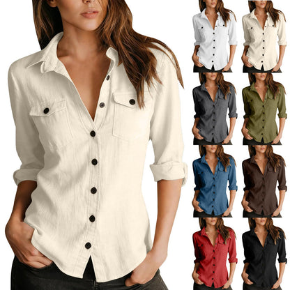 Linen Work Shirts Women Long Sleeve Dressy Blouse Comfy Button Down Work Tops Trendy Collared Tshirt for Office Beige