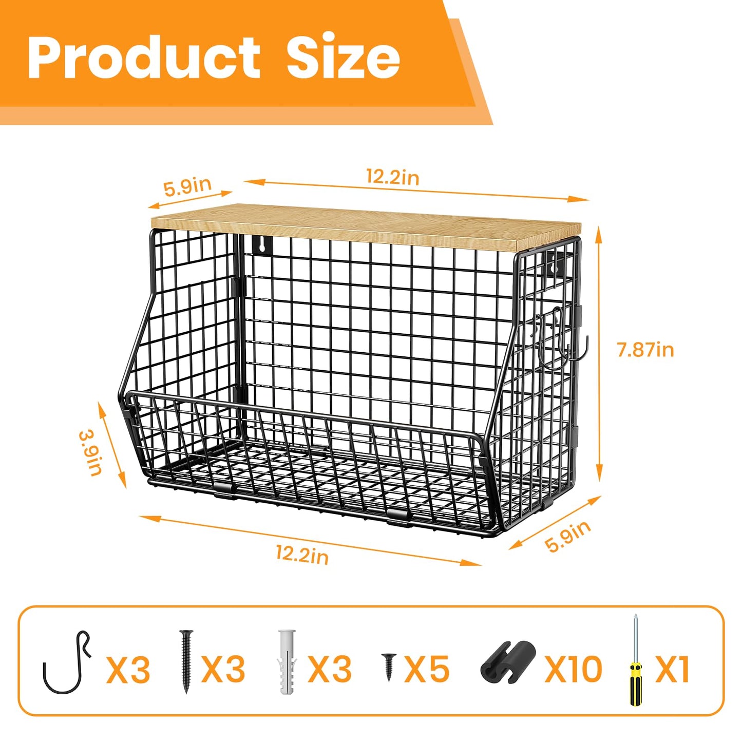 Goovilla Wire Fruit Basket Metal, Kitchen Hanging Fruit Bowl with 3 Banana Hanger, Kitchen Countertop Rack with Wood Lid, Wall mounted Storage Baskets for Vegetables, Bread