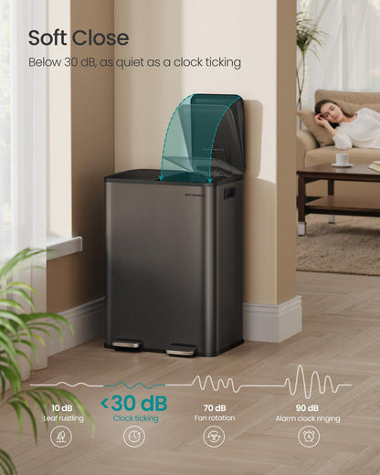 SONGMICS Trash Can, 2 x 8 Gallon (2 x 30 L) Dual-Compartment Garbage Can with Soft-Close Lid, Pedal and Inner Buckets, Stainless Steel, Includes 15 Liner Bags, Slate Gray ULTB741G01