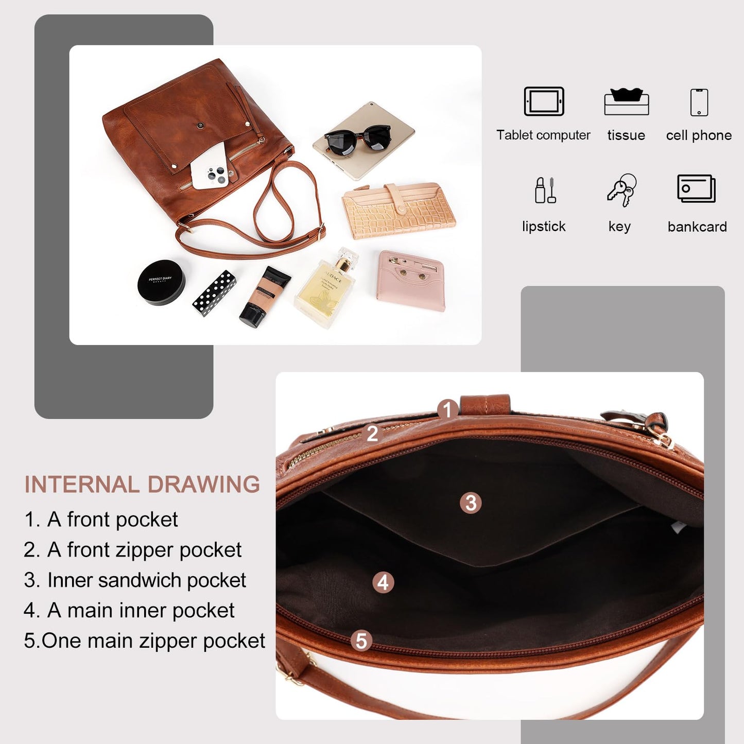 Crossbody Purses for Women, Multi Pocket Casual Crossbody Bag, Adjustable Strap Shoulder Bag (Brown)