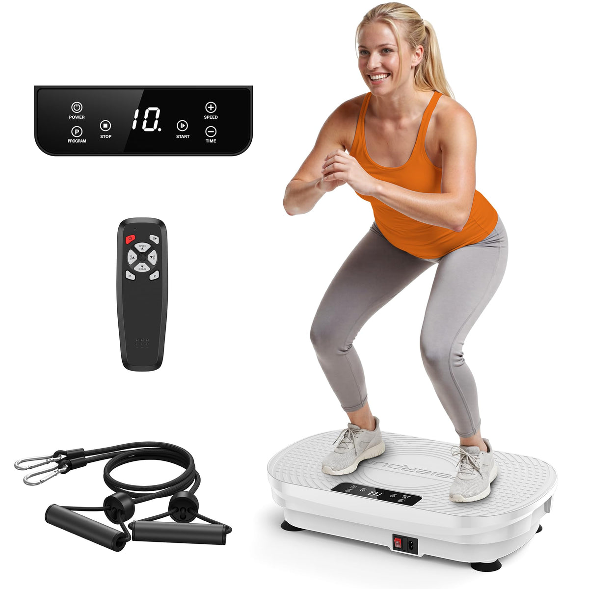 FEIERDUN Vibration Plate Exercise Machine, Full Body Vibrating Plate with Wider Platform, 150kg (330lbs) Capacity, Plaque Vibrante with LED Screen, Remote & Resistance Bands,White