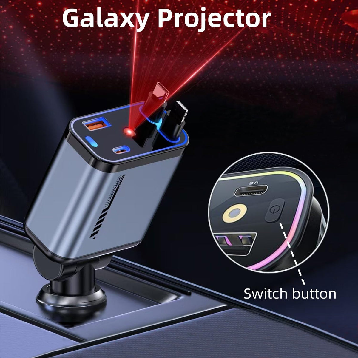 Retractable Car Charger with Galaxy Projector,Type C Fast Car Charger with 120W Power, 2 USB Ports, and Retractable Cables,Compatible with iPhone 16/15/14/13/12/11/iPad and Galaxy Models S23/S22/S10