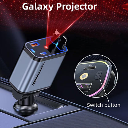 Retractable Car Charger with Galaxy Projector,Type C Fast Car Charger with 120W Power, 2 USB Ports, and Retractable Cables,Compatible with iPhone 16/15/14/13/12/11/iPad and Galaxy Models S23/S22/S10
