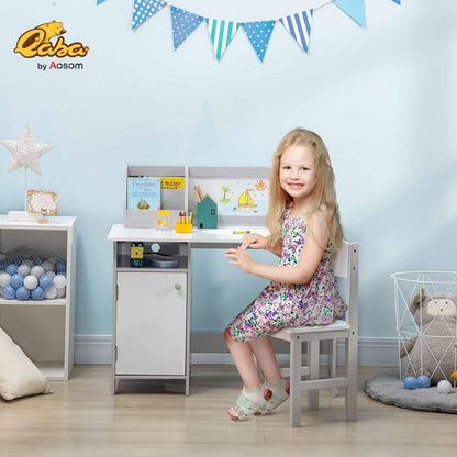 Qaba Kids Desk and Chair Set with Whiteboard, 2 Pieces Kids Study Table and Chair Set, Multi-Usage School Desk Furniture with Storage and Shelves, Computer Homework Art, Grey