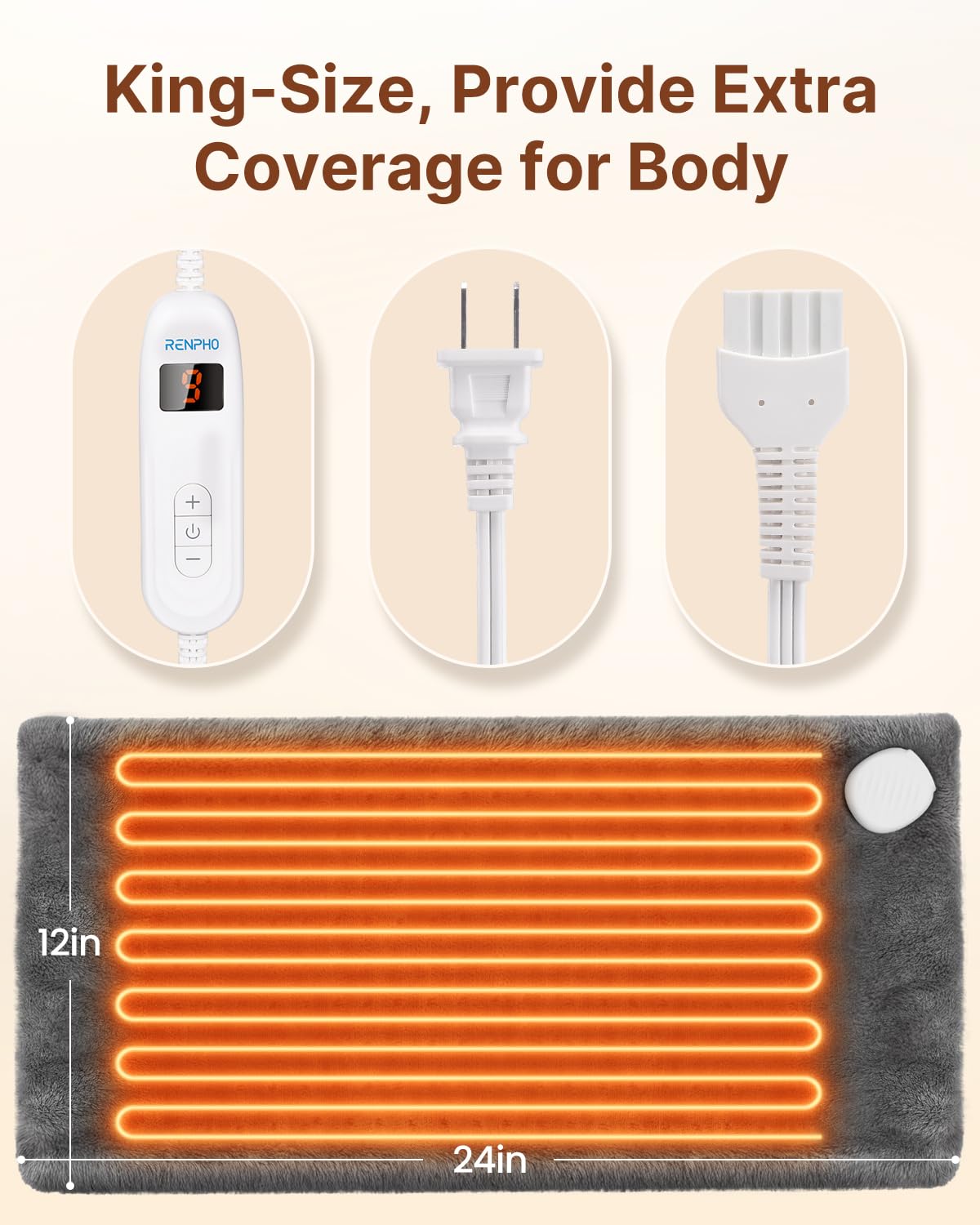 RENPHO Heating Pads Electric, 24"X12" Heat Pad Moist and Dry Heat