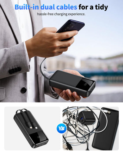 Power Bank Portable Charger 40000mAh, 22.5W Fast Charging, Built-in USB-C & Lightning Cables, Charge 5 Devices Simultaneously LCD Display for iPhone and Android Phones and Most Electronic Devices