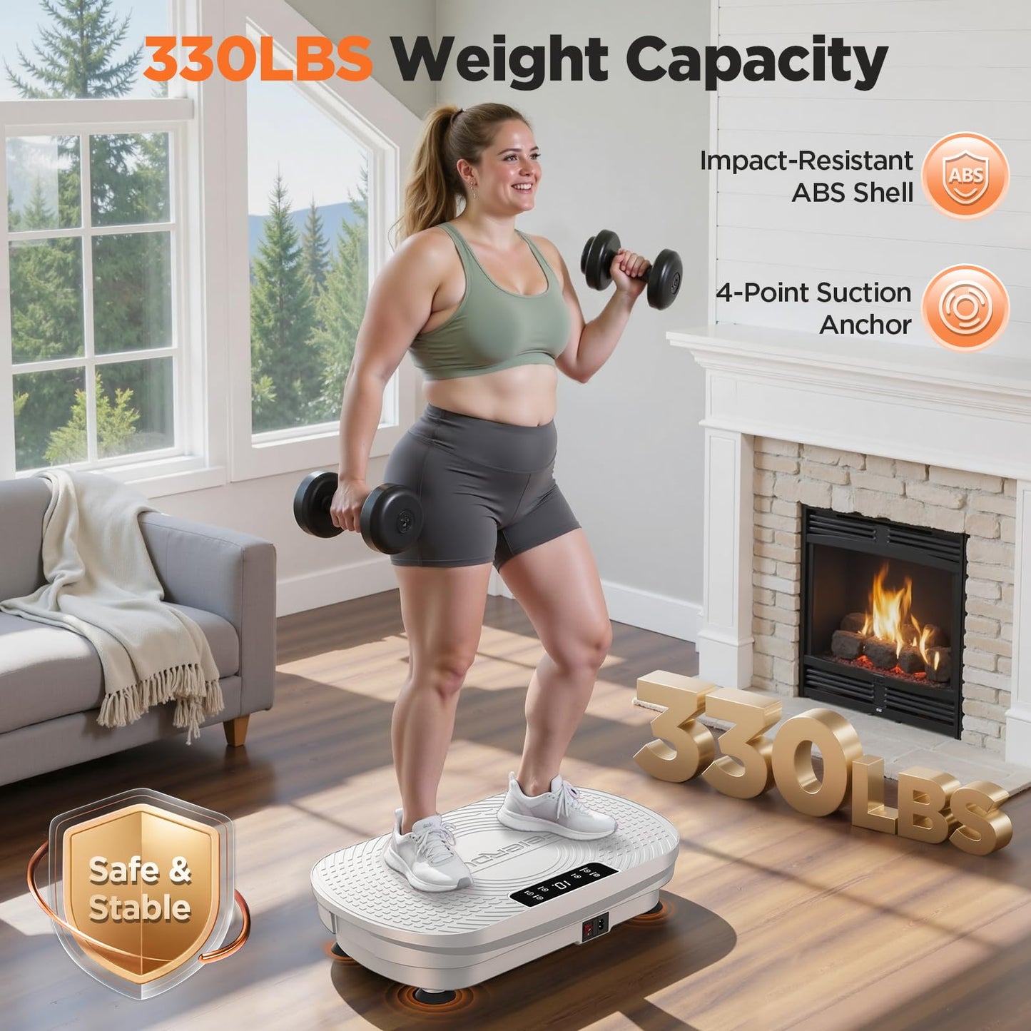 FEIERDUN Vibration Plate Exercise Machine, Full Body Vibrating Plate with Wider Platform, 150kg (330lbs) Capacity, Plaque Vibrante with LED Screen, Remote & Resistance Bands,White