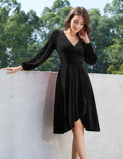 Meetjen Women's Long Sleeve V Neck Asymmetrical Hem Velvet Dress Flowy 2024 Fall Wedding Guest Dresses Black M