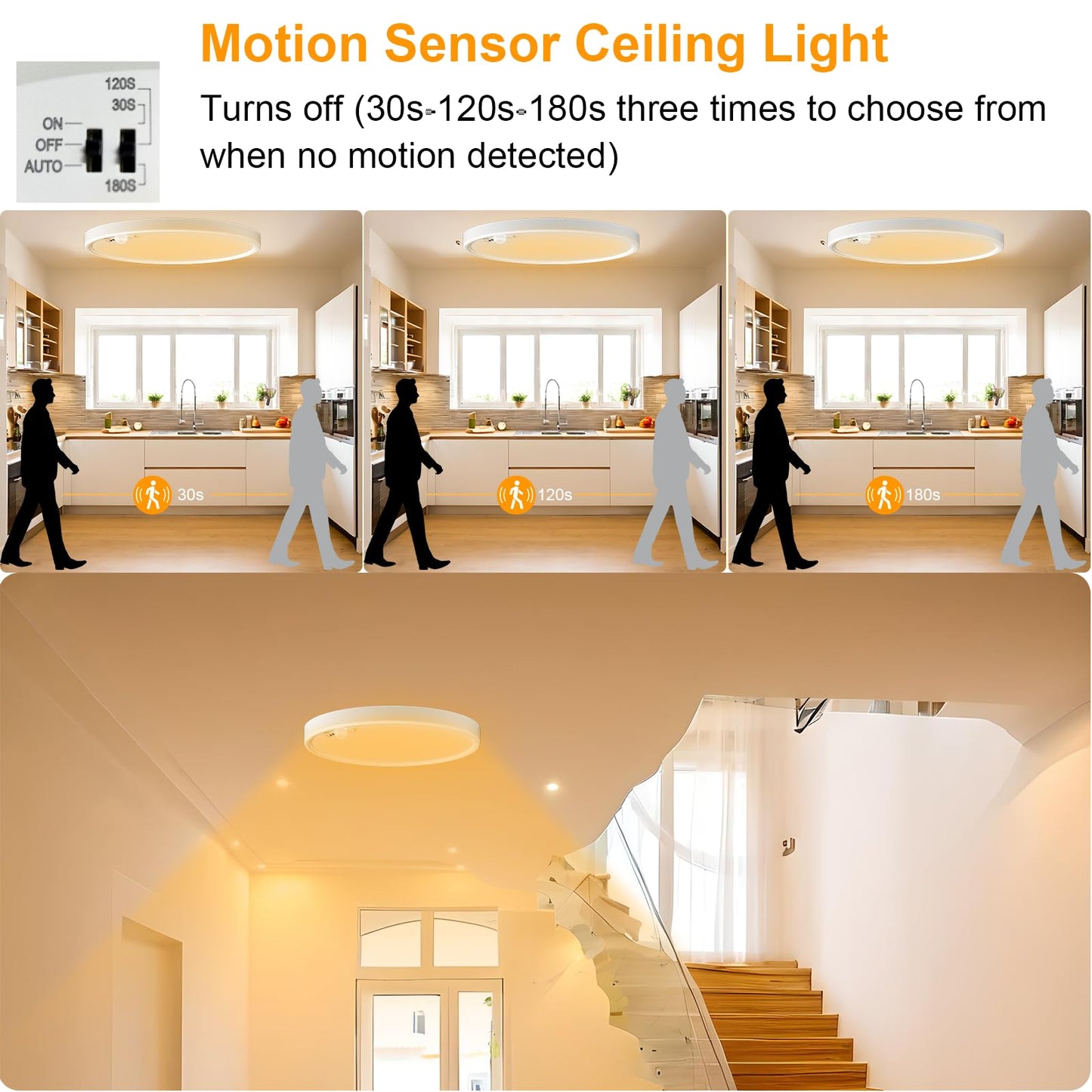 2 Pack LED Flush Mount Ceiling Light, Eleganted 20W 2200LM Ceiling Light Fixtures, 3000K-6500K Adjustable Motion Sensor Ceiling Light for Bedroom Kitchen Dining Room - 3 Color Temperatures