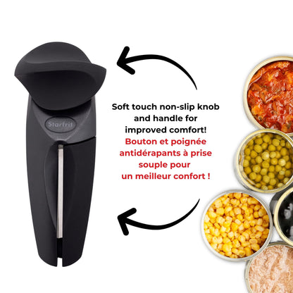 Starfrit MightiCan Can Opener, Safe Smooth-Cut Design, Holds Lid and Leaves No Sharp Edges, Comfort Grip Handle, Heavy-Duty Non-Slip Knob, 3-Year Warranty, Black