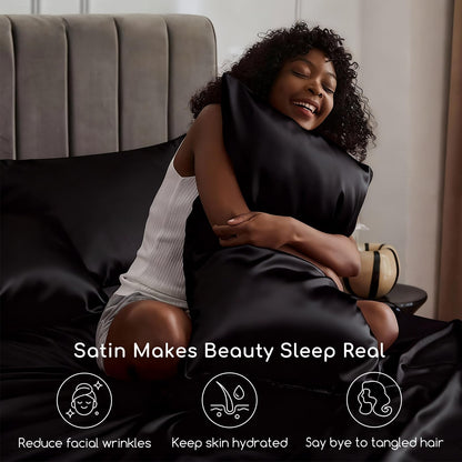 MR&HM Satin Bed Sheets, Queen Size Sheets Set, 4 Pcs Silky Bedding Set with 15 Inches Deep Pocket for Mattress (Queen, Black)