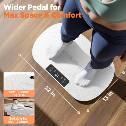 FEIERDUN Vibration Plate Exercise Machine, Full Body Vibrating Plate with Wider Platform, 150kg (330lbs) Capacity, Plaque Vibrante with LED Screen, Remote & Resistance Bands,White