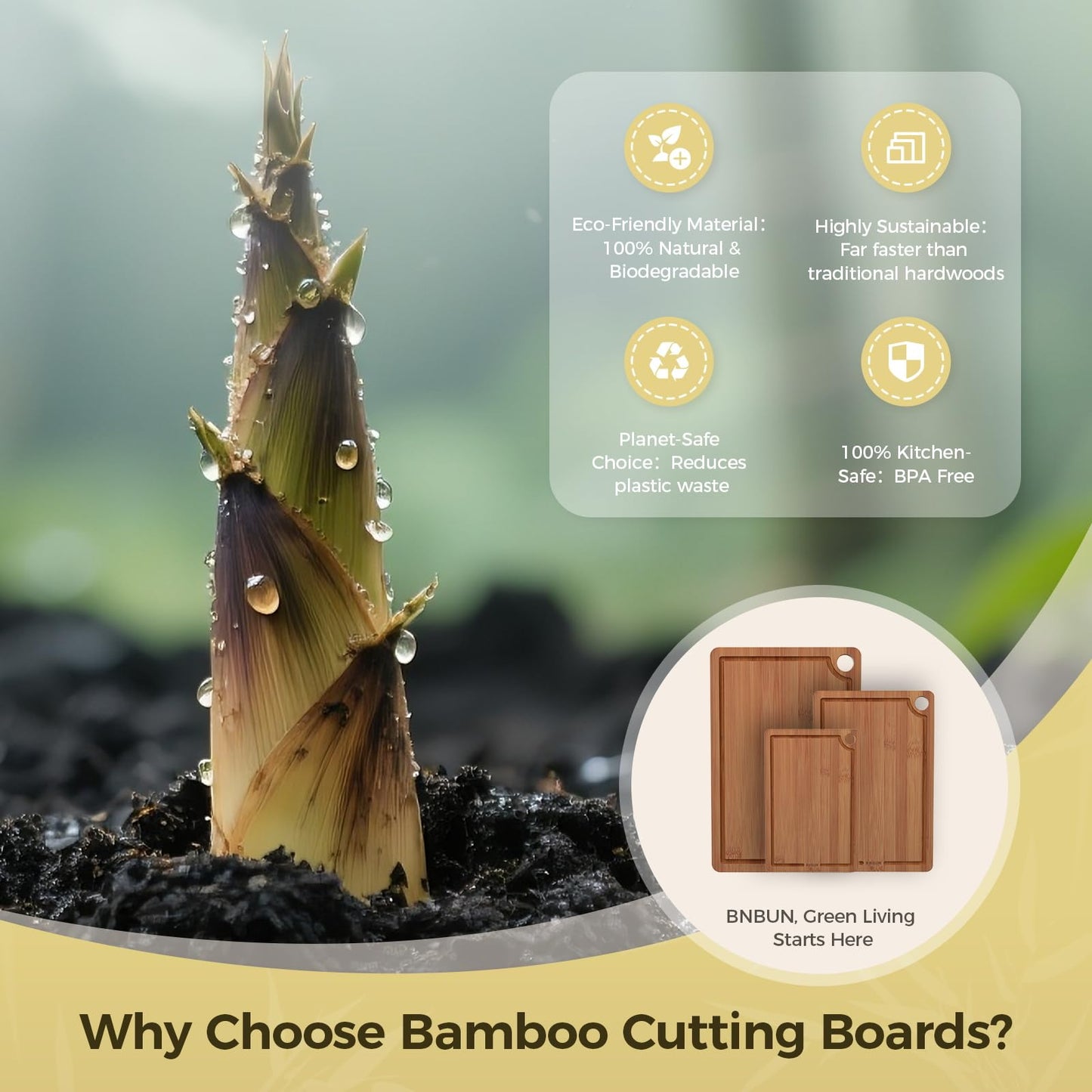 BNBUN Bamboo Cutting Board for Kitchen, Wooden Cutting Board 3-Piece Set with Non-Slip Mat Deep Juice Groove and Built-in Handles, Wood Cutting Board for Meat Vegetables Fruit Ideal Gift for the Home