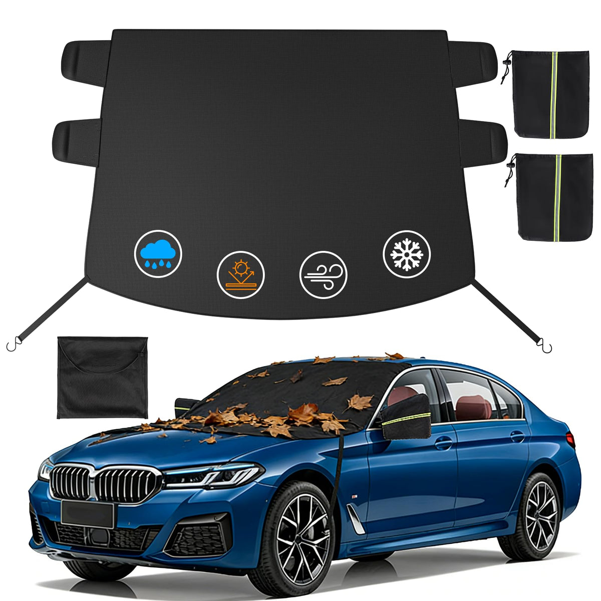 Instraella Windshield Cover for Ice and Snow, Heavy Duty Oxford Fabric, Secure Fit Windproof Frost Snow Cover Windshield Protector for Cars, Compact SUVs, Trucks, Winter Car Accessories(M)