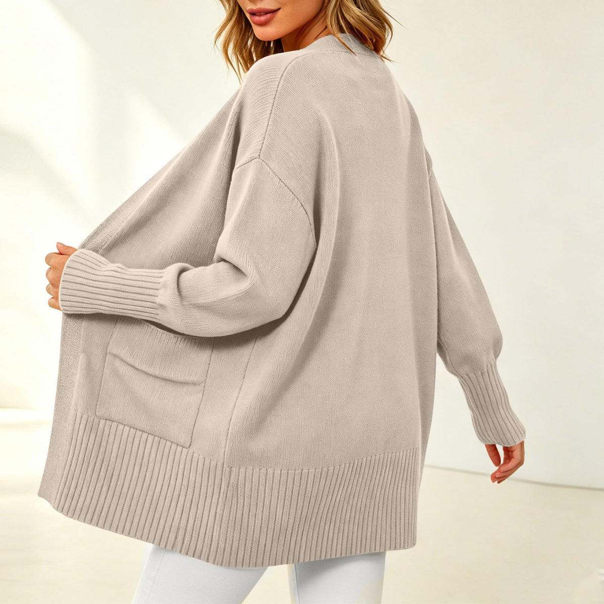 Womens Cardigan with Pockets Cozy Open Front Cardigan Sweaters Beige