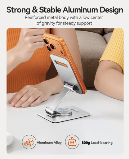 ORICO Aluminum Phone Stand for Desk, Adjustable Metal Phone Holder with Stable Support and Smooth 360° Rotation for Smartphones up to 6.9 Inches – Silver (PS2)