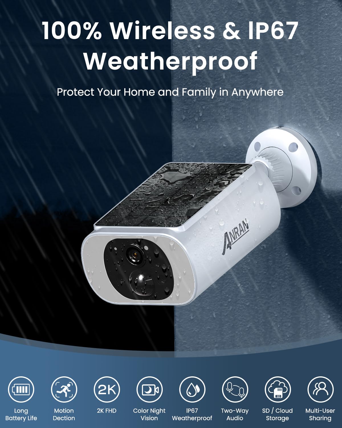 ANRAN Solar Security Camera Wireless Outdoor - 2K HD for Home/Farm/Warehouse, IP67 Waterproof with Color Night Vision, PIR Human Detection, 2-Way Talk, Works with Alexa, Embedded Solar Panel