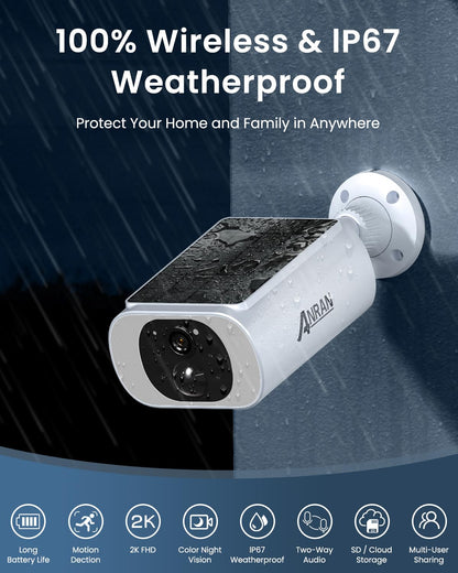 ANRAN Solar Security Camera Wireless Outdoor - 2K HD for Home/Farm/Warehouse, IP67 Waterproof with Color Night Vision, PIR Human Detection, 2-Way Talk, Works with Alexa, Embedded Solar Panel