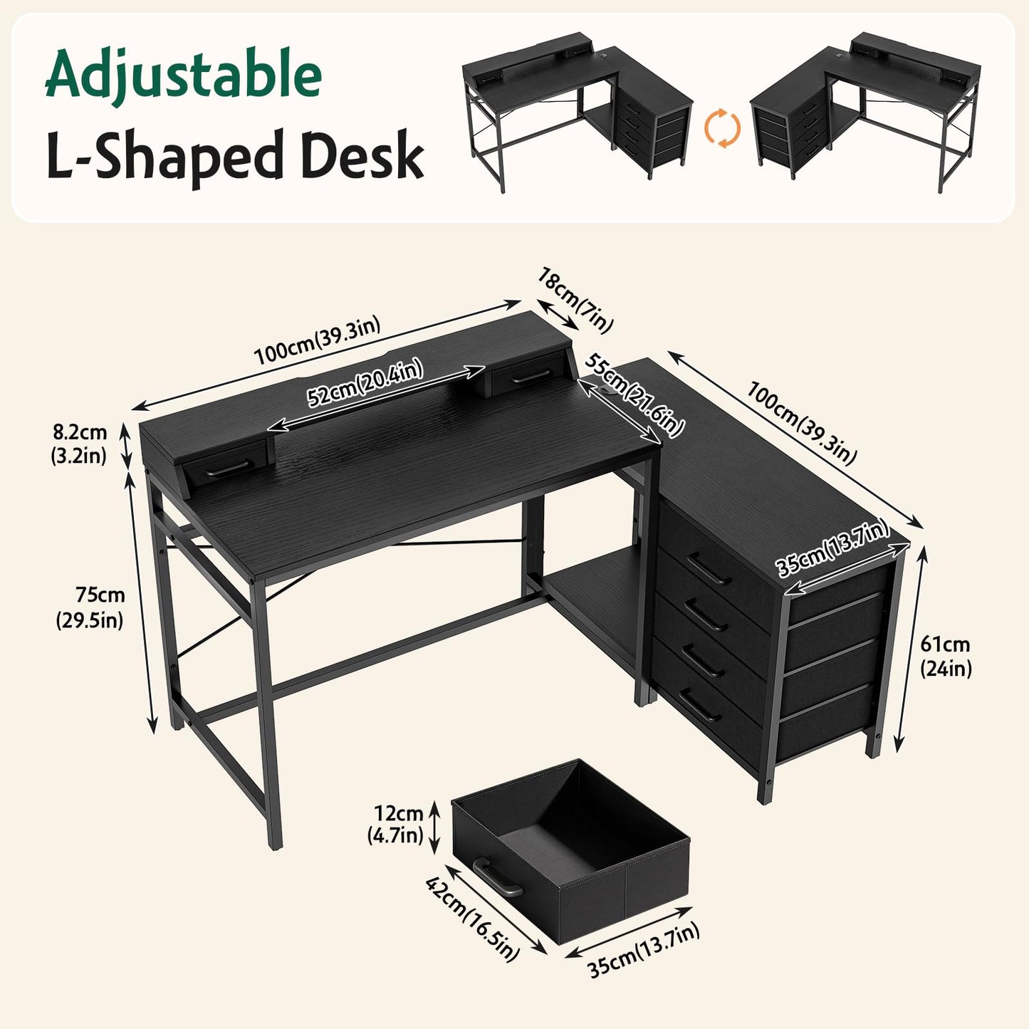 L Shaped Computer Desk with 4 Drawers Reversible Side Storage Shelves 39.3 Inch Office Corner Desk Computer Table Writing Study Table for Home Office Bedroom Small Space