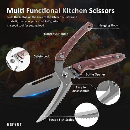 BEFYUS Kitchen Scissors Heavy Duty - Premium Kitchen Shears with Ultra Sharp Stainless Steel Multi-Function Food Scissors，Poultry Shears Scissor Tools for Cutting Chicken/Meat/Fish/Bone (Brown)