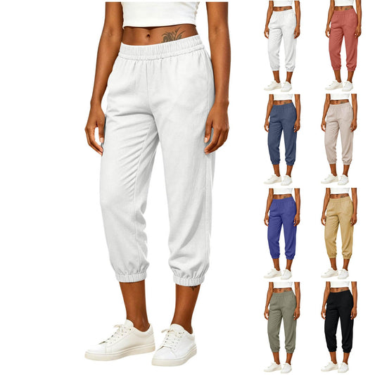 Athletic Joggers for Womens Elastic Waist Linen Capri Pants Ankle Cuffs Sweatpants Baggy Lounge Trousers with Pockets White