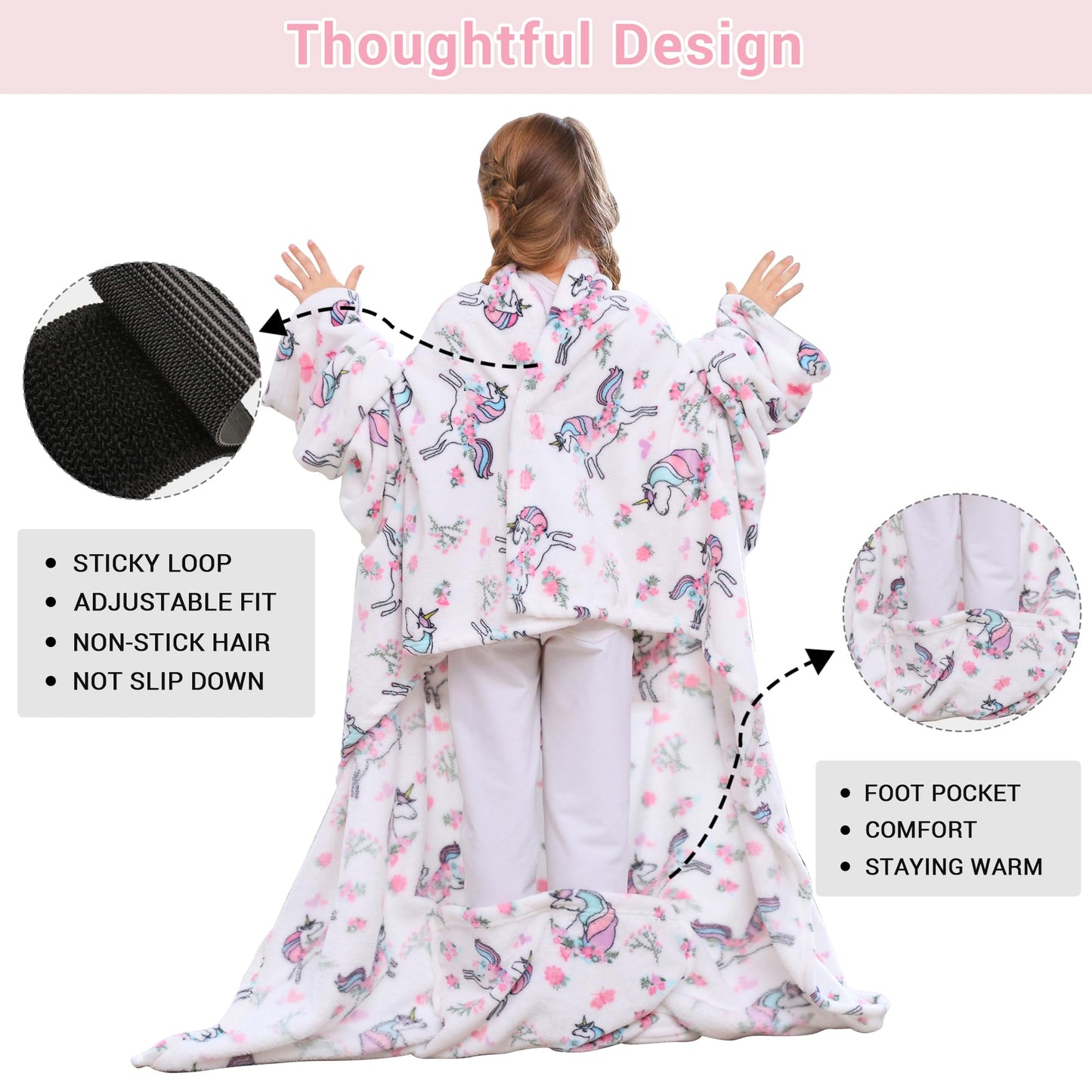 Viviland Wearable Fleece Blanket Hoodie, Blanket Hoodie for Kids with Sleeves & Foot Pocket, 47" X 47" Lightweight Soft Like Flannel, White Unicorn Pattern