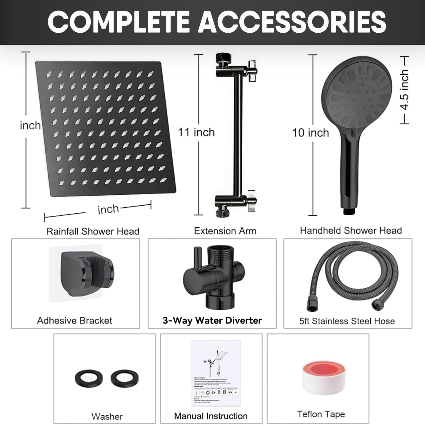 10 Inch GIFTQOOL Matte Black Rainfall Handheld Shower Head Combo Set High Pressure Dual 5 Modes Shower Head with Adjustable Rain Extension Arm, Hose, Holder Pomme De Douche