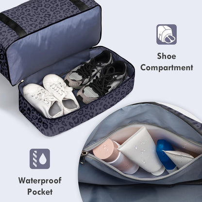 WOOMADA Weekender Overnight Bag for Women, Shoulder Travel Duffel with Shoes Compartment,Gym Bag with Toiletry Bag(Black Leopard)