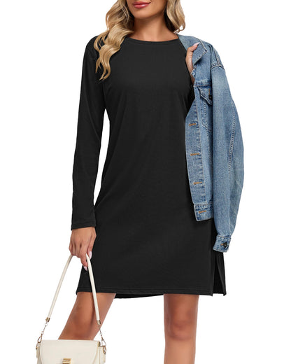 WNEEDU Dresses for Women 2026 Casual Long Sleeve Shirt Fall Outfit,Black,L