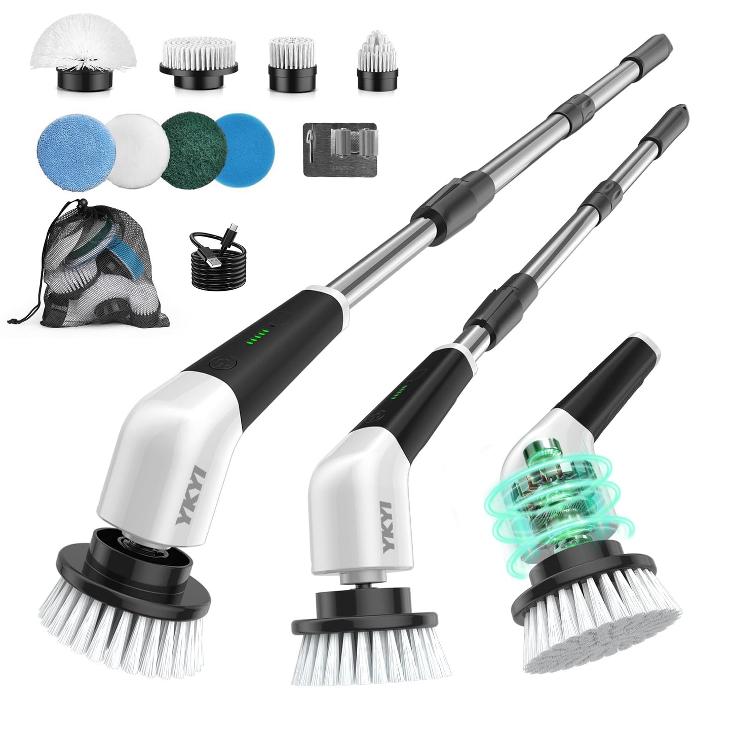 YKYI Electric Spin Scrubber, Cordless Cleaning Brush with 8 Replaceable Brush Heads, Power Scrubber with Adjustable Extension Handle for Bathroom, Tub, Tile, Floor and Kitchen Cleaning (White)