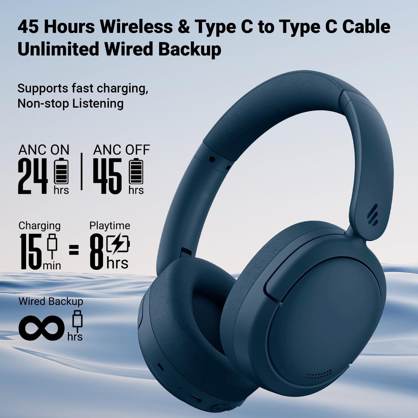 Edifier V80 Hybrid Active Noise Cancelling Bluetooth Headphones, Wireless Over Ear Headset with 45H Playtime, Wired Hi-Res Audio Fast Charging Multipoint Connection for Home Travel Office - Navy Blue