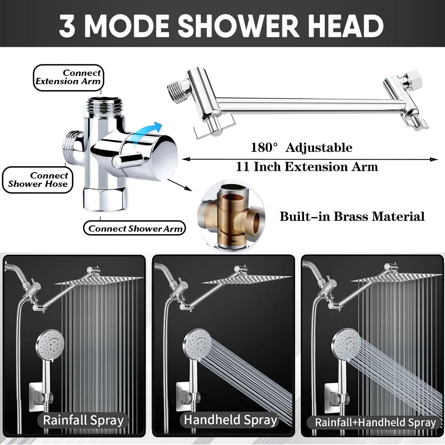 GIFTQOOL 10 Inch Chrome Dual Rain Handheld Shower Head Combo Set 5 Modes High Pressure Rainfall Shower Head with Adjustable Extension Arm, Hose