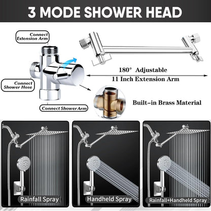 GIFTQOOL 10 Inch Chrome Dual Rain Handheld Shower Head Combo Set 5 Modes High Pressure Rainfall Shower Head with Adjustable Extension Arm, Hose