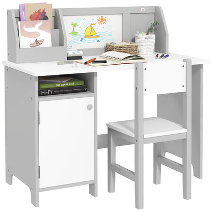 Qaba Kids Desk and Chair Set with Whiteboard, 2 Pieces Kids Study Table and Chair Set, Multi-Usage School Desk Furniture with Storage and Shelves, Computer Homework Art, Grey
