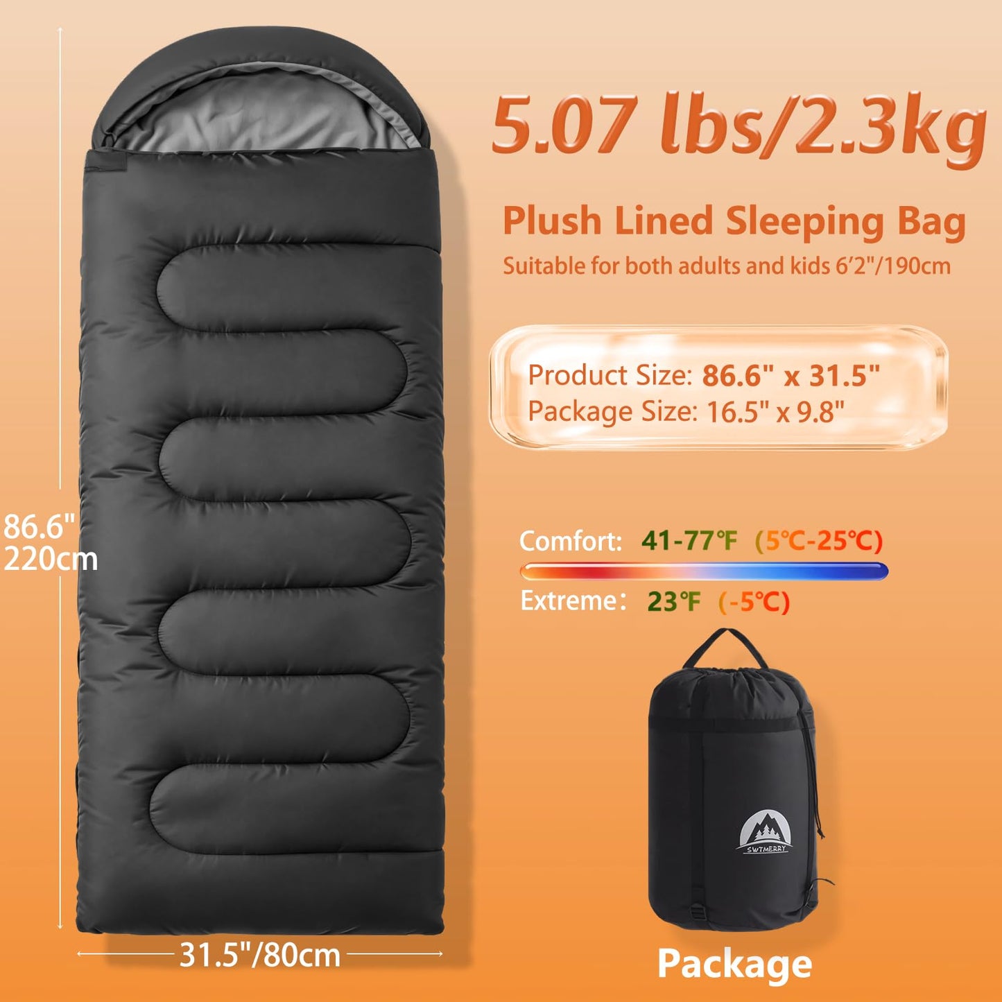 SWTMERRY Sleeping Bag for Adults, Cold Weather & Warm Plush Fleece-Lined Interior - Portable Waterproof Windproof with Compression Sack for Camping Hiking Traveling Indoor & Outdoor