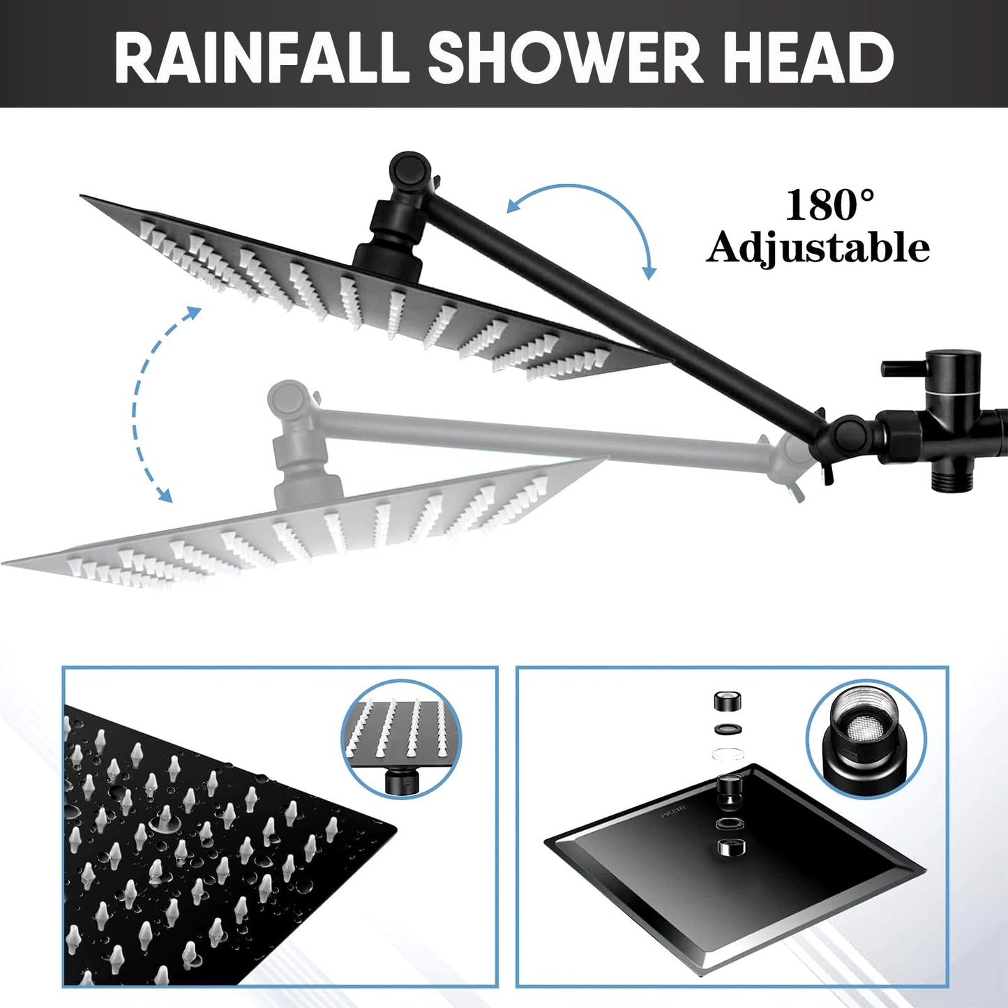 10 Inch GIFTQOOL Matte Black Rainfall Handheld Shower Head Combo Set High Pressure Dual 5 Modes Shower Head with Adjustable Rain Extension Arm, Hose, Holder Pomme De Douche