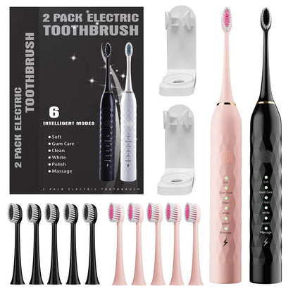 MAXWISDOM Electric Toothbrush 2 Pack - Electric Toothbrush for Adults with 12 Replacement Brush Heads, 2 Toothbrush Holders, 6 Modes (Black & Pink)