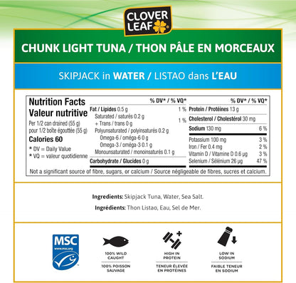 Clover Leaf Chunk Light Skipjack Canned Tuna in Water, 170g, 24 Count