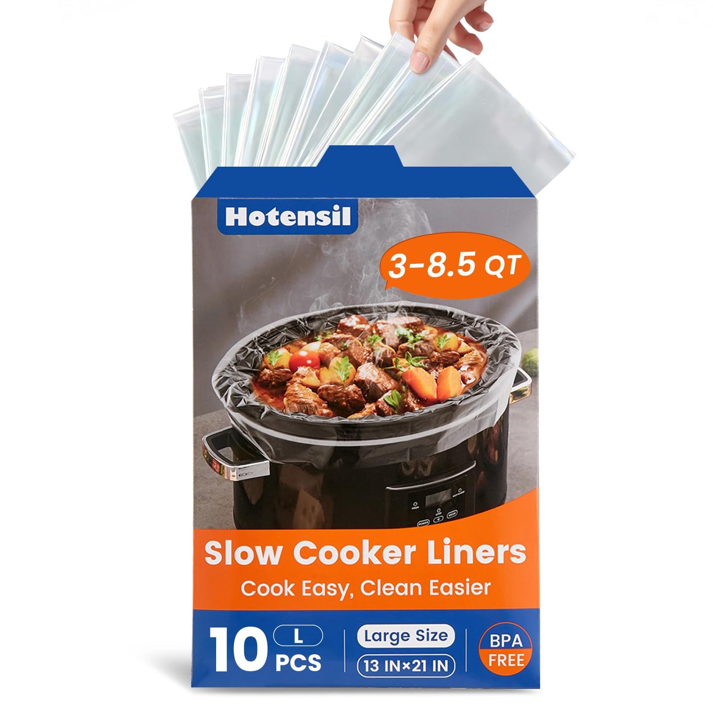 Slow Cooker Liners, Hotensil 13"x 21" 10 Count Cooking Bags Large Size Disposable Pot Liners, Fit 3QT to 8.5QT for Slow Cooker Cooking Trays, Multi-Purpose Durable Liners Plastic Bags, BPA Free