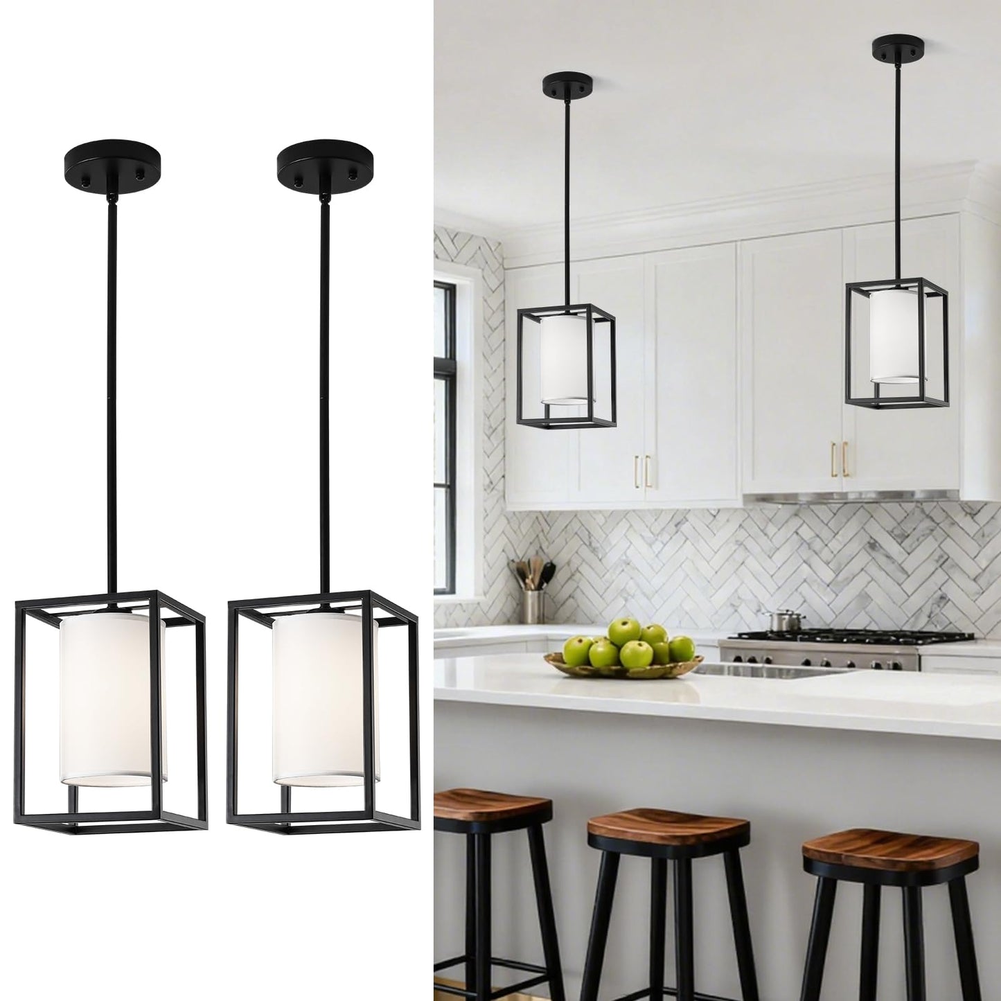 Black Pendant Lights Kitchen Island 2 Pack, Modern Small Lantern Kitchen Pendant Lighting Over Island, Farmhouse Kitchen Island Lights Ceiling Hanging, Industrial Cage Pendant Light Fixtures