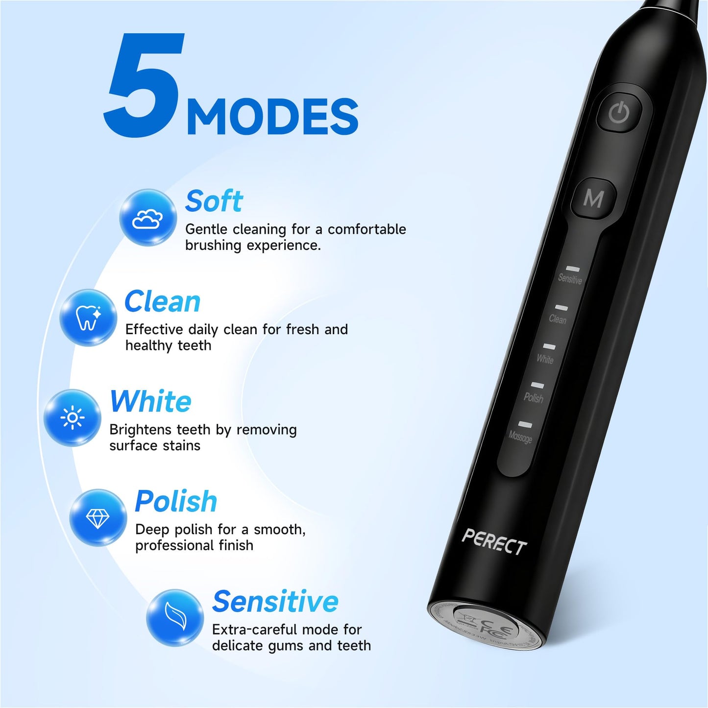PERECT Sonic Electric Toothbrush for Adults, Rechargeable Electric Toothbrush with 6 Soft Bristle Brush Heads & Travel Case, 5 Modes 3 Intensities, 30 Days Battery, Waterproof Toothbrush（Black）