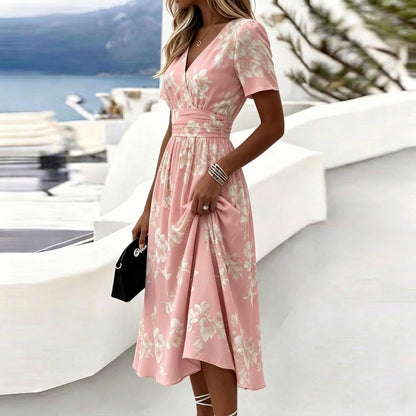 Women's V Neck Wrap Midi Dress Floral Print Solid Ombre Short Sleeve Flowy A-Line Summer Vacation Sundress for Women