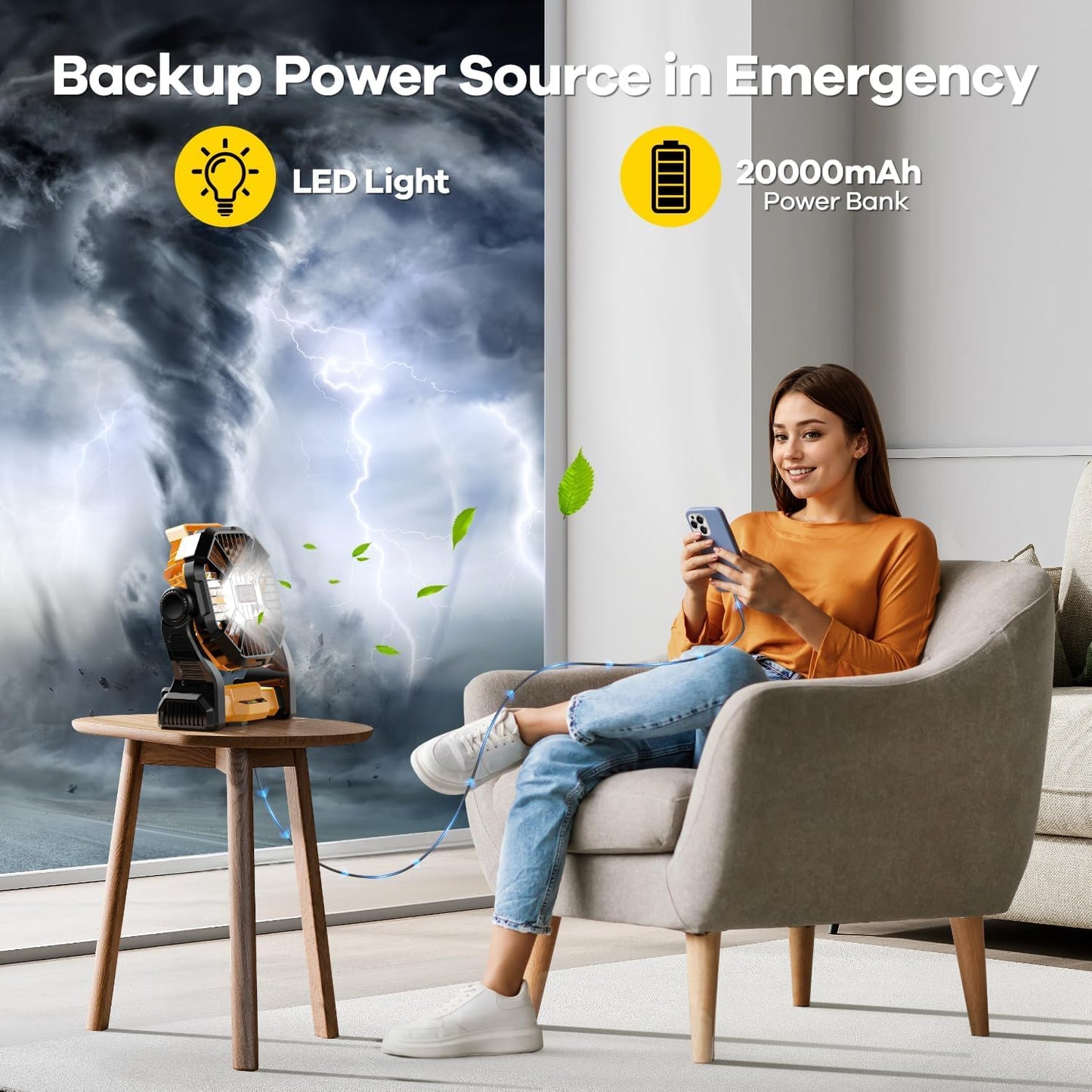 20000mAh Solar Powered Fan, 7W Solar Panel Portable Solar Fan with LED Lantern, Rechargeable Battery Powered Camping Fan for Picnic, Barbecue, Fishing, Travel (Yellow, Milliamp Hours, 20000)