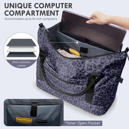 WOOMADA Weekender Overnight Bag for Women, Shoulder Travel Duffel with Shoes Compartment,Gym Bag with Toiletry Bag(Black Leopard)