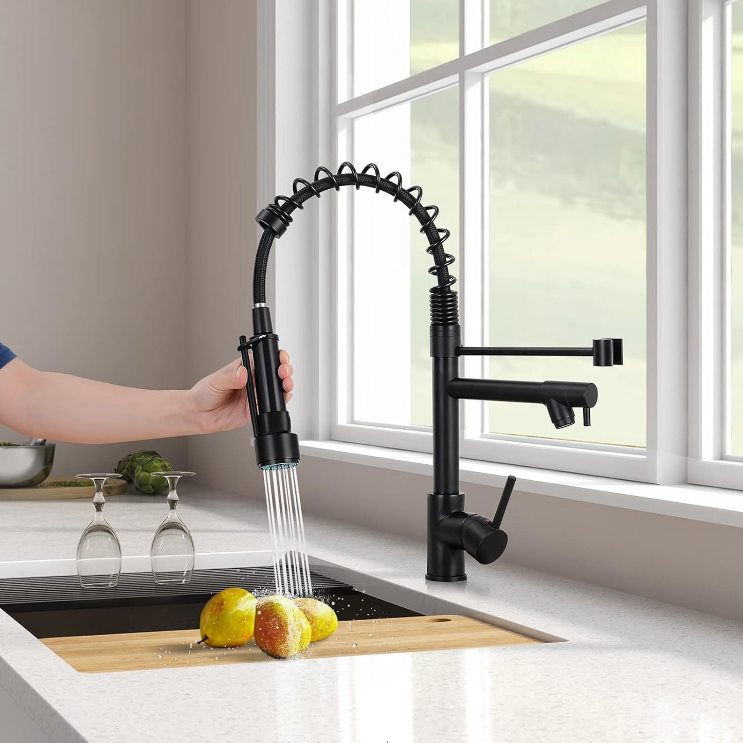 GIFTQOOL Kitchen Faucet with Pull Down Sprayer Dual Pot Filler, Matte Black Stainless Steel Kitchen Sink Faucets Single Handle High Arc Spring Commercial Tap 1 Hole Modern Faucets