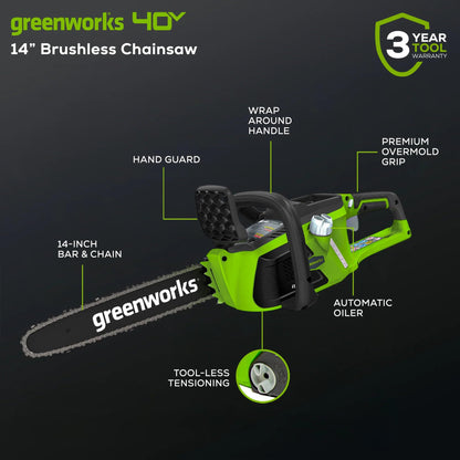 Greenworks 40V 14-inch Brushless Cordless Chainsaw | Battery Powered Electric Handheld Chainsaw | Auto Oiler Portable for Garden Yard Tree Felling, Firewood Cutting Logging Pruning, Tool Only