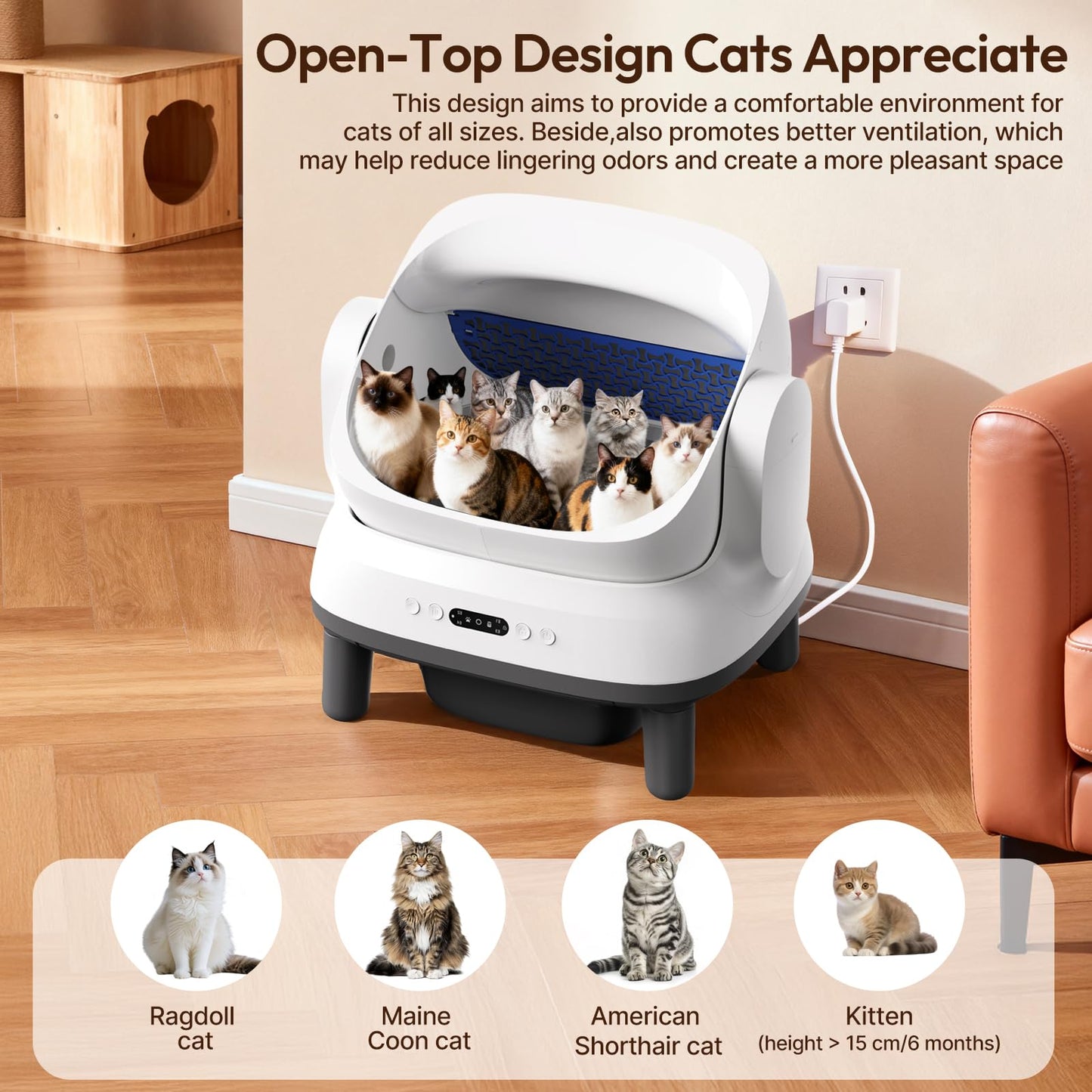 Happypaw Open-Top Self Cleaning Litter Box - Large Capacity Automatic Litter Box for Multiple Cats with Safety Protection, App Control, Odor-Free, Anti-Leakage Material, Includes Trash Bags
