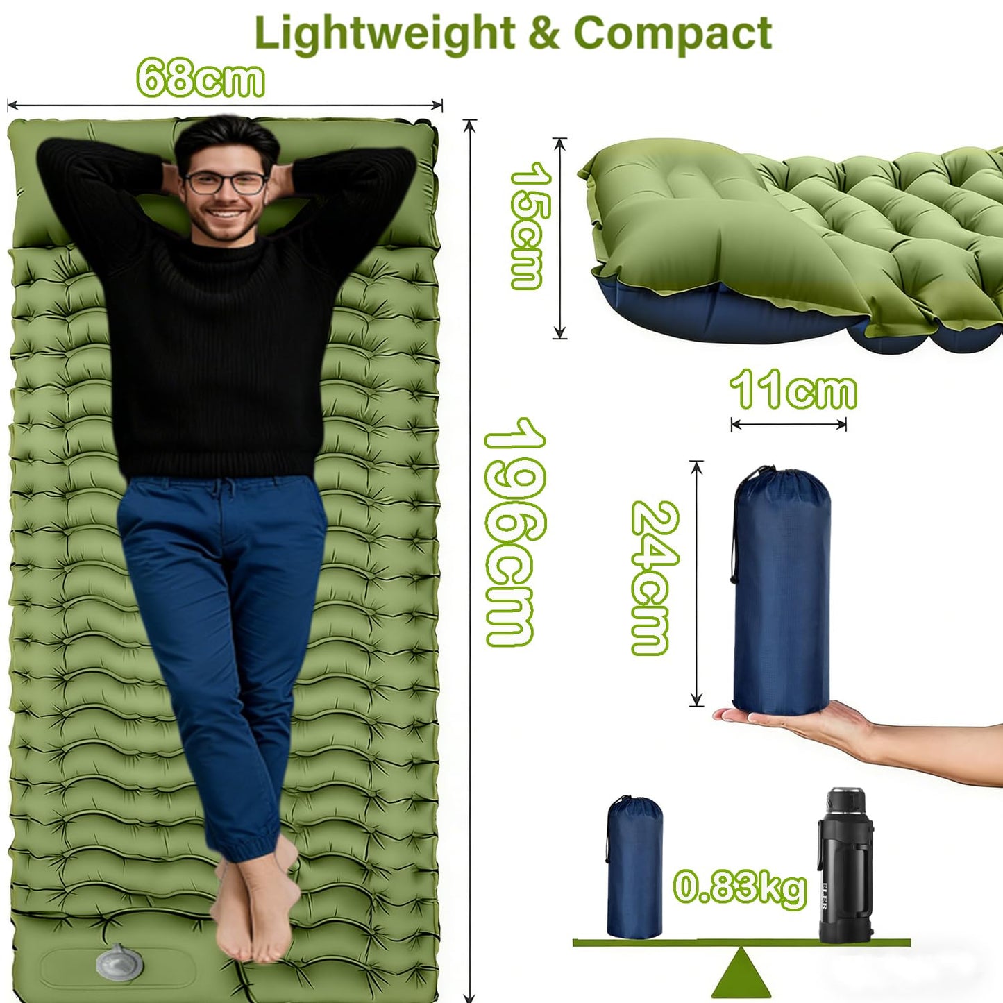 Camping Sleeping Pad, TocsQron Self Inflating Sleeping Mats with Pillow Carry Bag ＆ Built-in Foot Pump, Camping Air Mattress for Beach Backpacking Tent Hiking Traveling Picnic (Green and Blue)