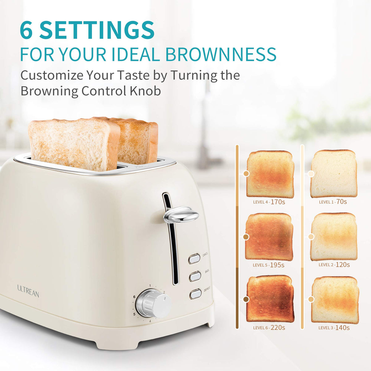Ultrean Toaster 2 Slice with Extra-Wide Slot, Stainless Steel Toaster with Removable Crumb Tray, Small Toaster with 6 Browning Settings, Cancel, Bagel, Deforest Functions, 825 W (Cream)