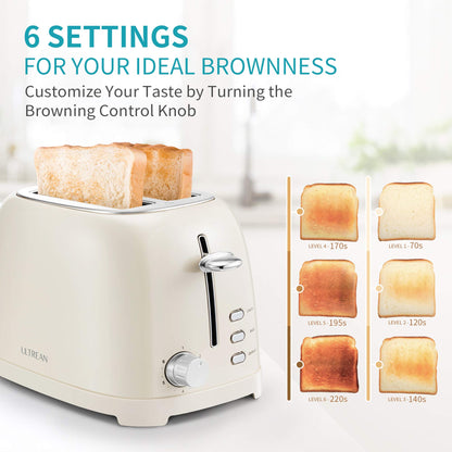 Ultrean Toaster 2 Slice with Extra-Wide Slot, Stainless Steel Toaster with Removable Crumb Tray, Small Toaster with 6 Browning Settings, Cancel, Bagel, Deforest Functions, 825 W (Cream)